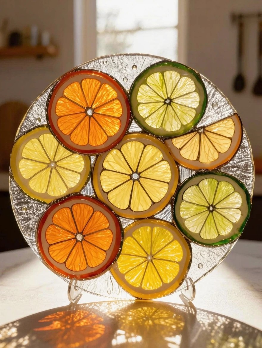 Round textured glass plate painted in stained glass style with multiple orange and lime slices in a circular arrangement, displayed on a clear stand with sunlight shining through.