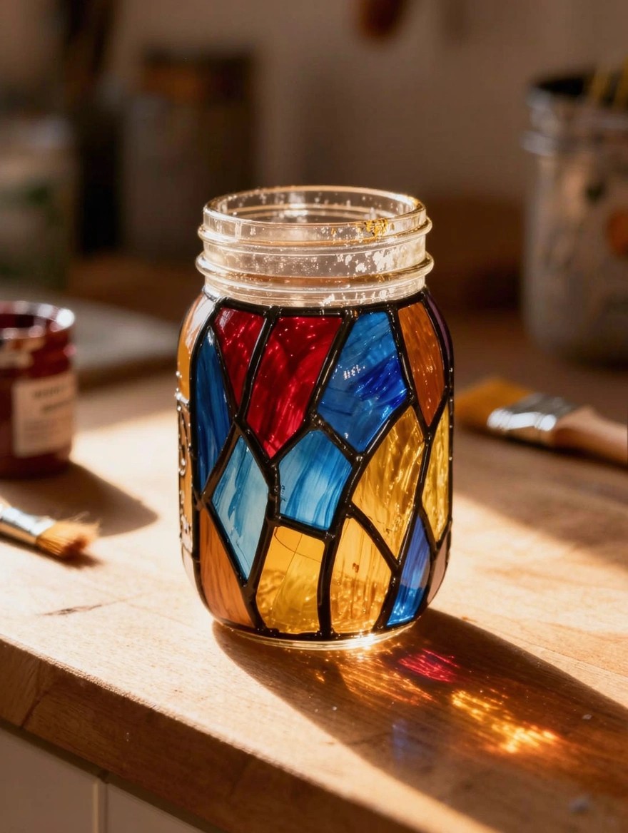 A clear mason jar painted with multicolored geometric stained glass-style panels in red, blue, yellow, and black outlines sits on a wooden table amid paint jars and brushes.