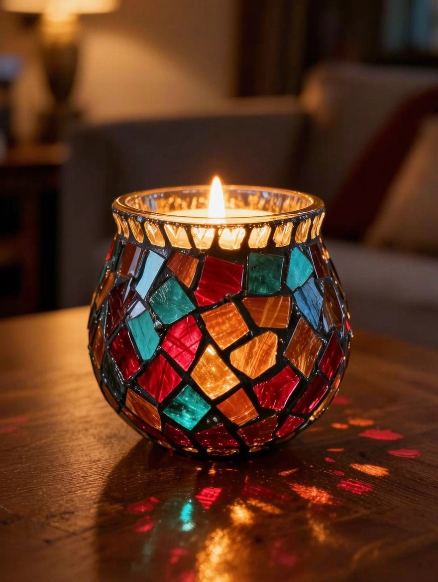 A lit candle glows inside a multicolored mosaic-patterned glass jar on a wooden table.