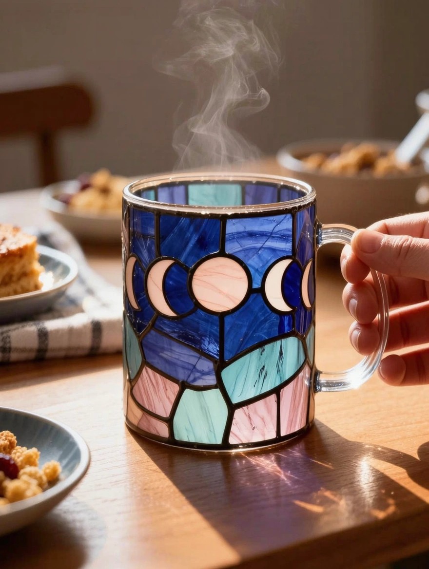A hand holds a clear glass mug painted in colorful stained glass style with three blue and pink crescent moons, filled with steaming liquid, on a wooden table next to breakfast bowls.