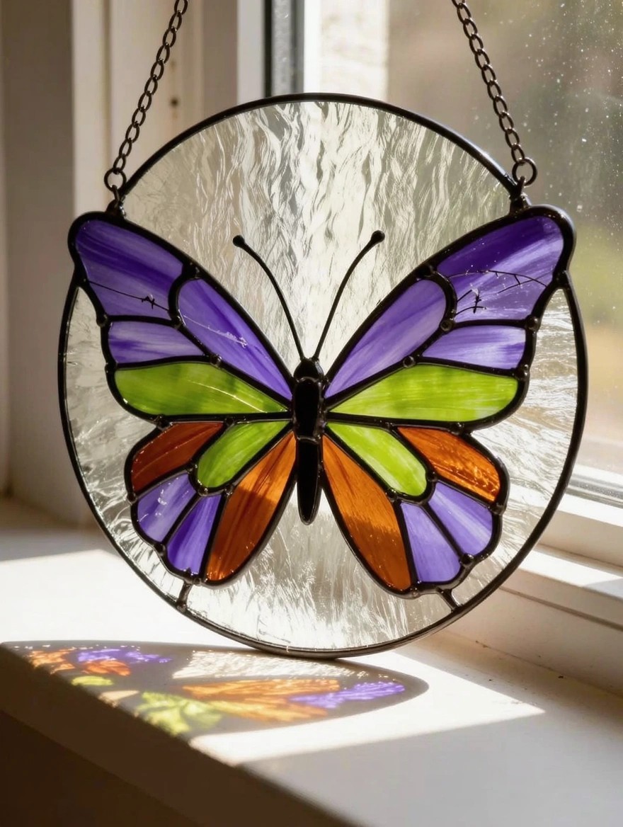 A circular stained glass suncatcher with a multicolored butterfly hangs from a chain in a window, casting colorful shadows on the sill.