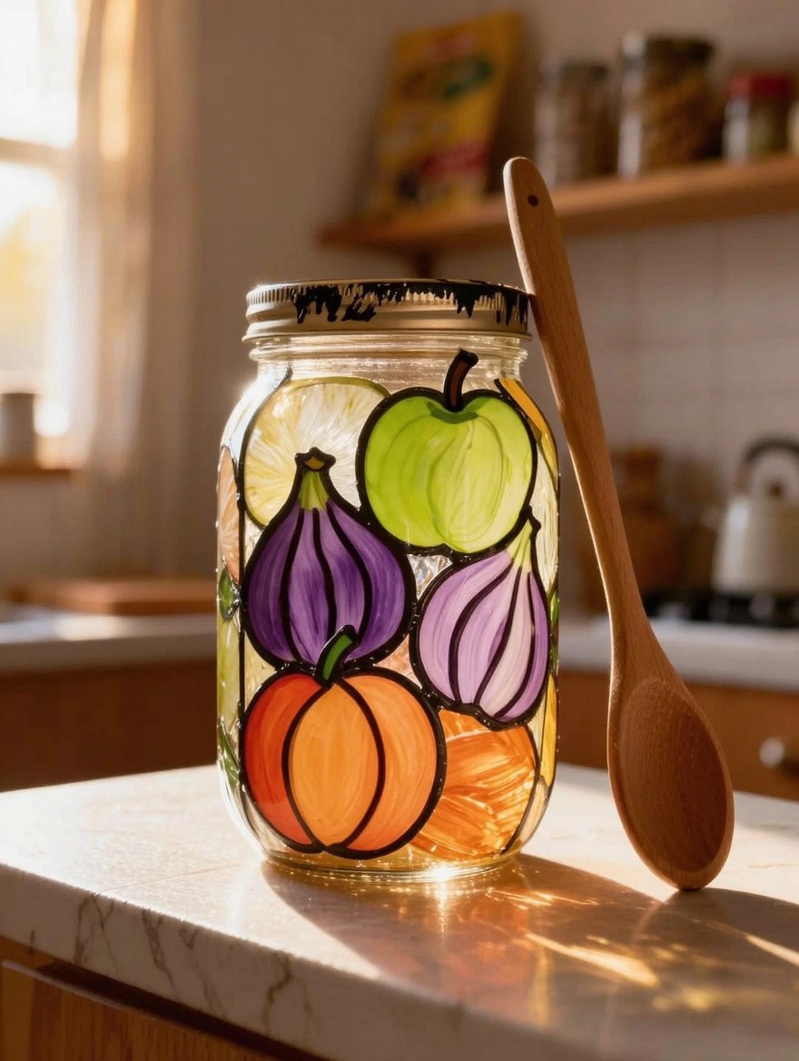 A clear mason jar painted in stained glass style with colorful lime slices, green apples, purple figs, and orange pumpkins stands on a kitchen counter next to a wooden spoon.