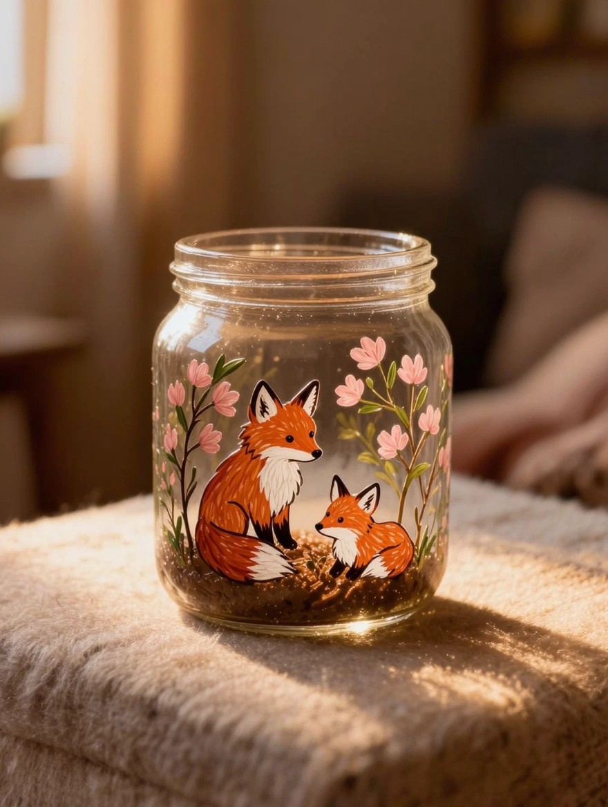 Clear glass mason jar painted on the outside with two orange foxes sitting amid pink flowers and ground, placed on a beige surface in warm light.