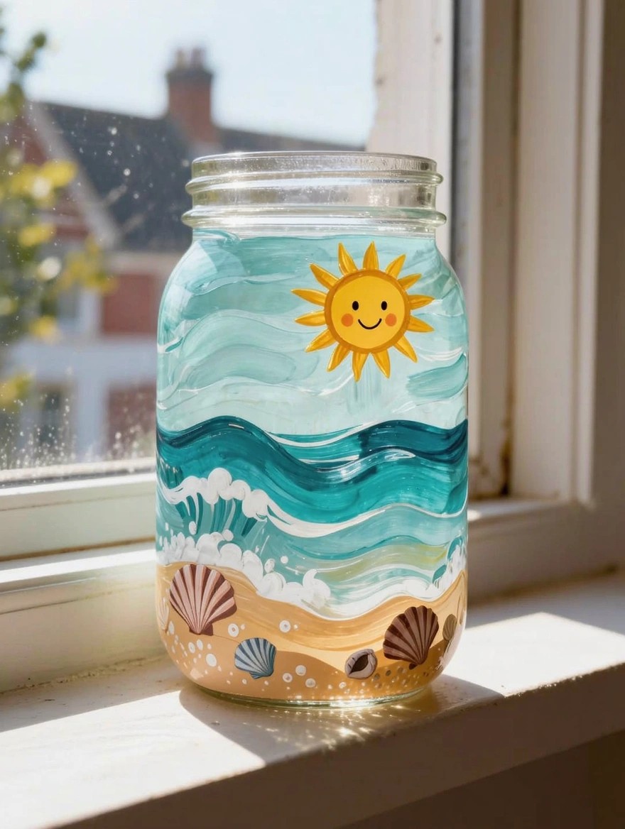 Clear mason jar painted with smiling sun in turquoise sky, teal ocean waves, sandy beach, and seashells, sitting on a sunny windowsill.