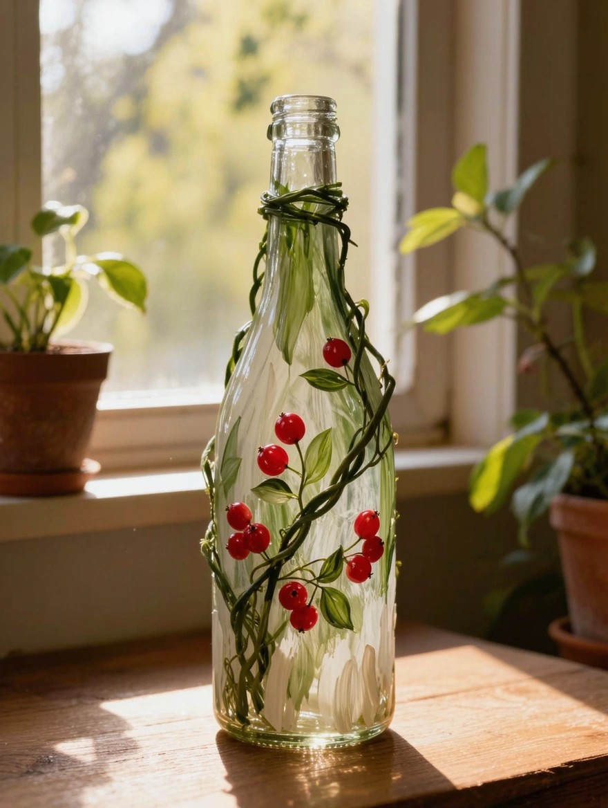 Clear glass bottle painted with twisting green vines, leaves, and red berry clusters, wrapped with twine at the neck, on a wooden surface near houseplants and a window.