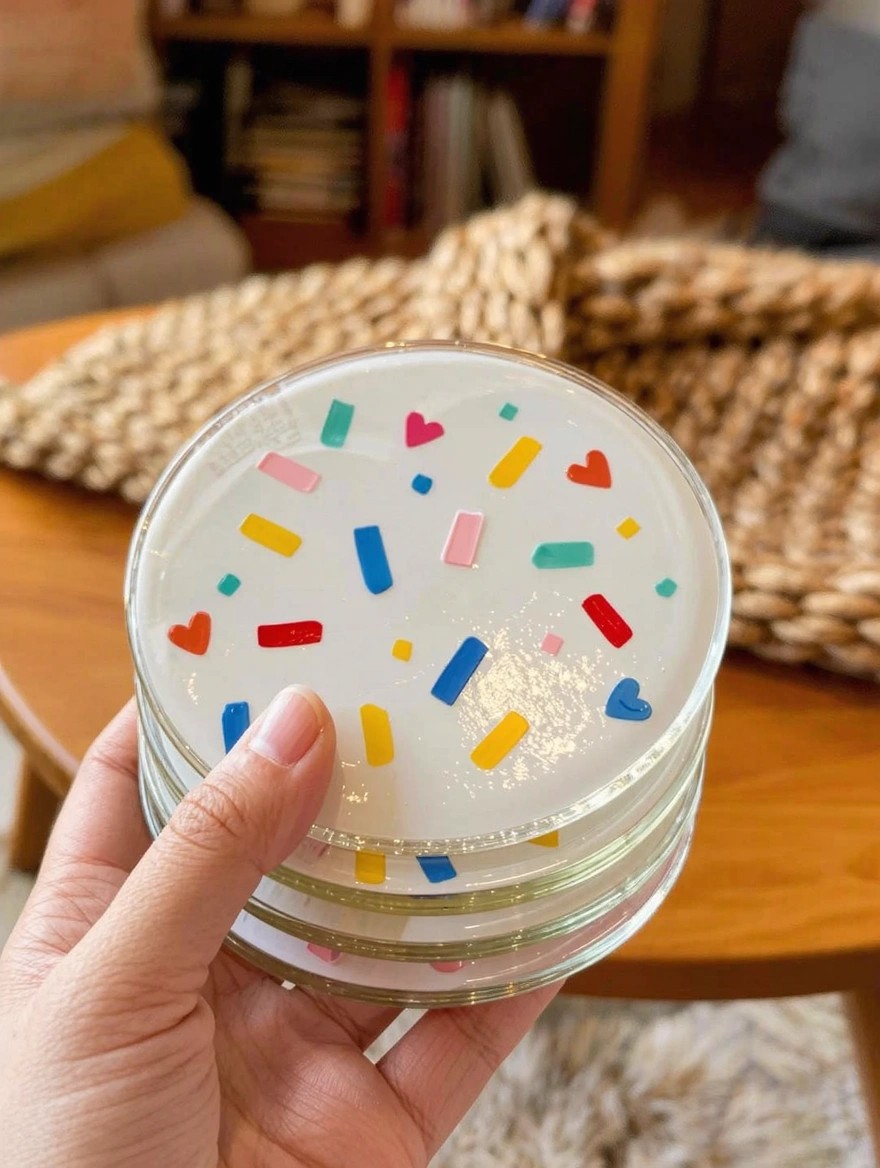 A hand holds a stack of four clear round glass coasters painted inside with a white base and scattered colorful confetti shapes including rectangles and hearts.