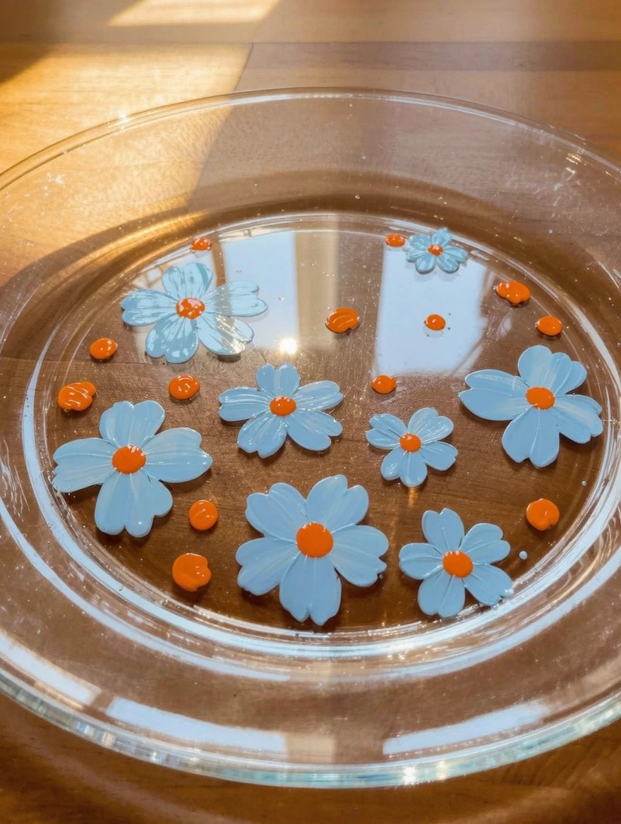 A clear glass pie plate filled with shallow water on a wooden table holds numerous small blue daisy shapes with orange centers and orange dots floating on the surface.