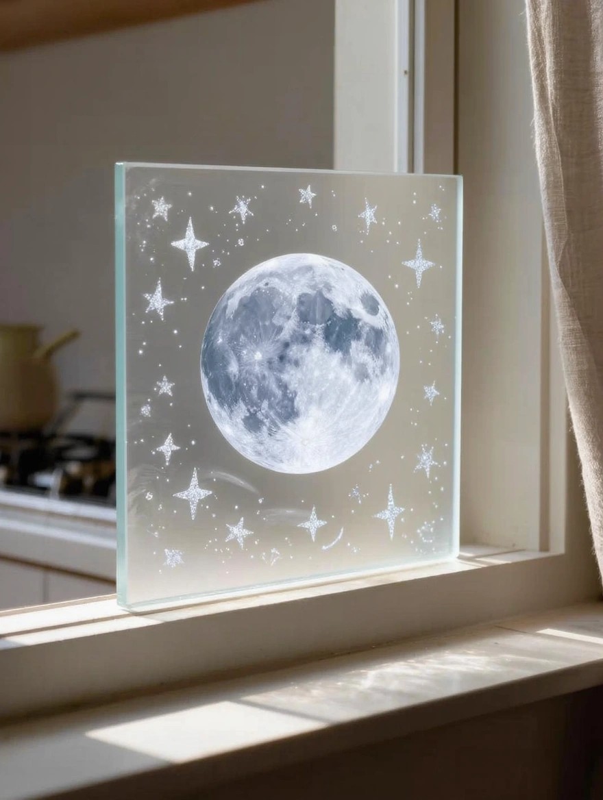 A square clear glass panel with painted white full moon and silver glitter stars sits on a kitchen windowsill next to a curtain.