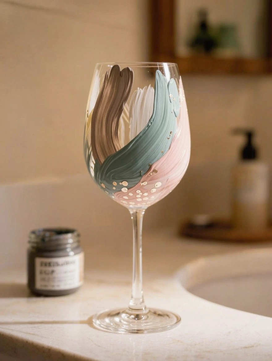 A stemmed wine glass painted with abstract sweeping strokes in taupe, teal, pink, and white with dots sits next to a small jar of gray paint on a bathroom counter near a sink.