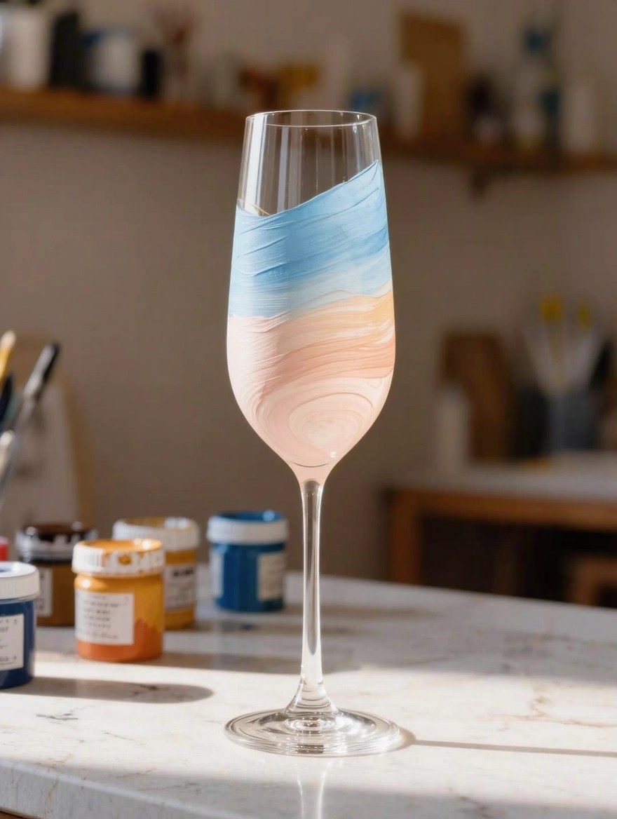 A clear stemmed wine glass painted with a blue-to-pink ombre gradient sits on a table amid paint jars and brushes in a studio.