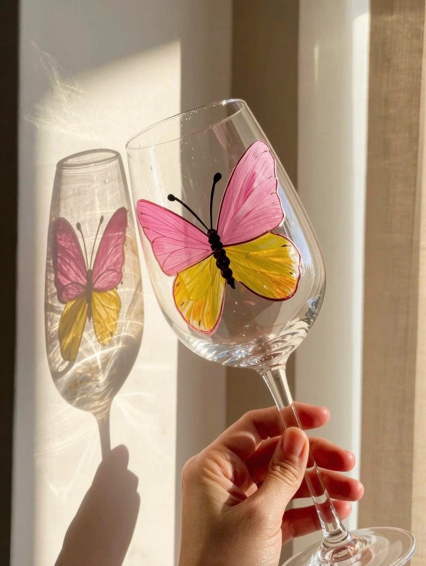 Clear wine glass with pink and yellow butterfly painted on the bowl and black outlines, held by a hand with window light creating colorful reflections.