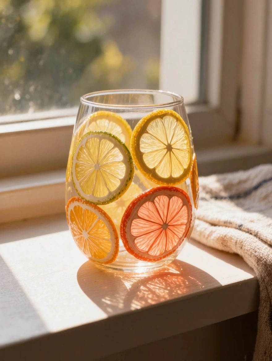 Clear stemmed wine glass painted with yellow lemon slices, green lime slices, and orange slices around the bowl, placed on a windowsill with sunlight shining through.