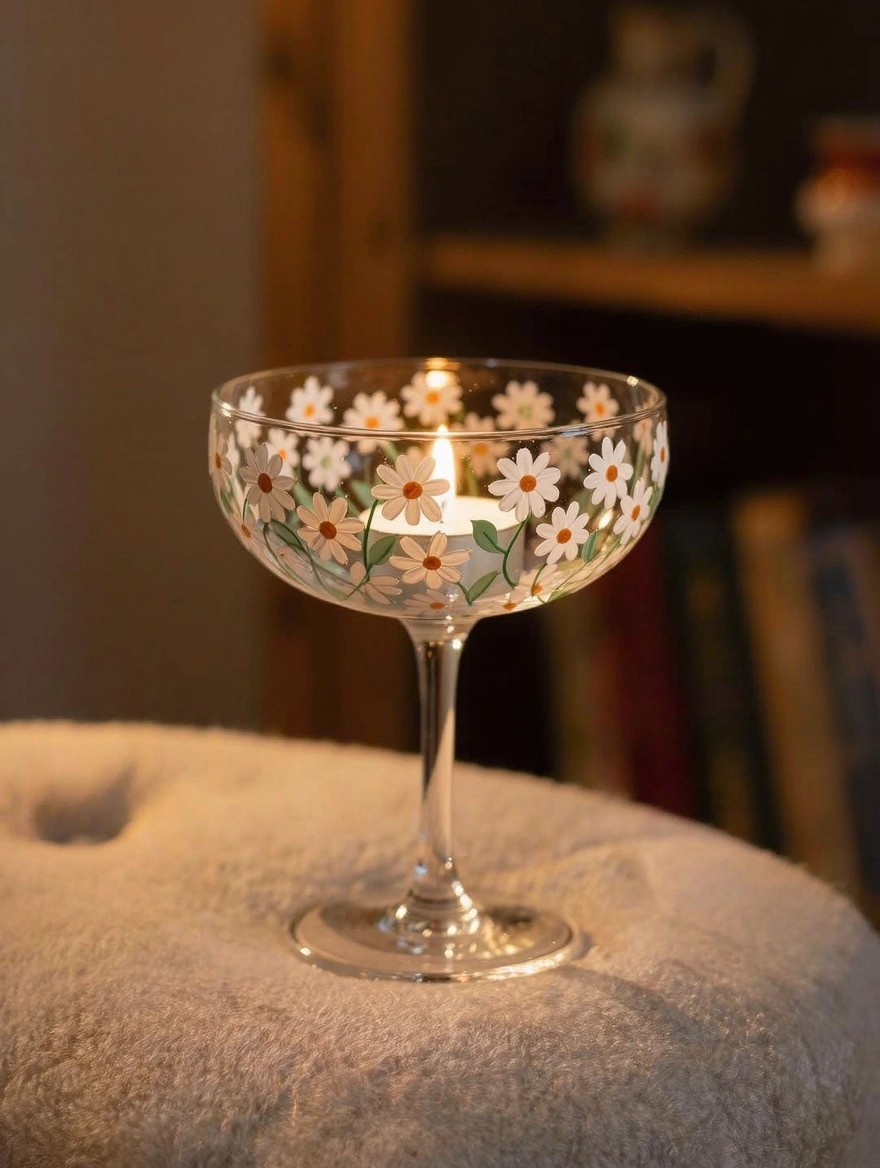 Clear coupe glass with hand-painted white daisies and green leaves holds a lit tea light candle on a beige stool.