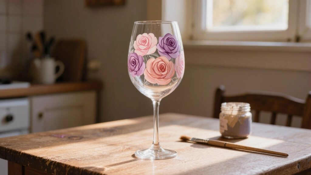 A clear stemmed wine glass painted with clusters of pink roses sits on a wooden table next to a jar of pink paint, a brush, and paper.