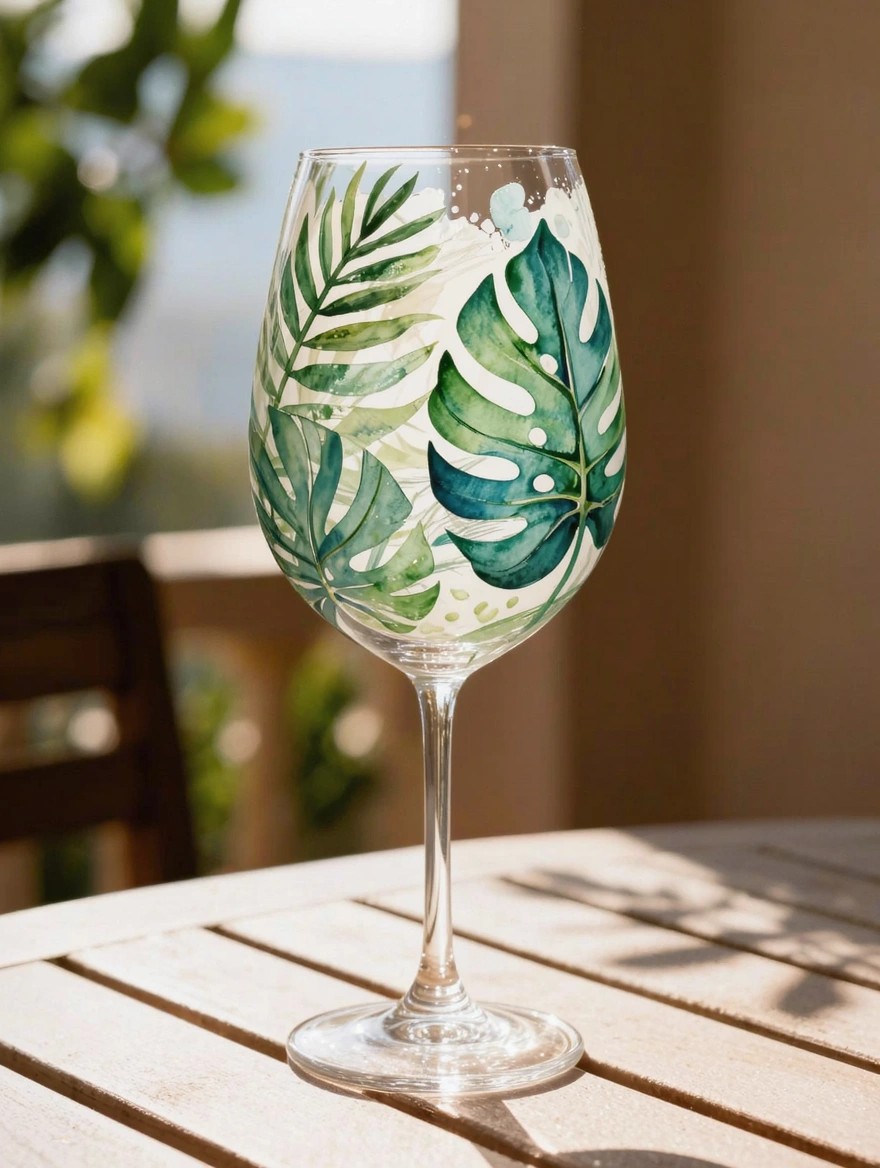 Clear stemmed wine glass hand-painted with overlapping green monstera leaves in watercolor style on a wooden patio table.
