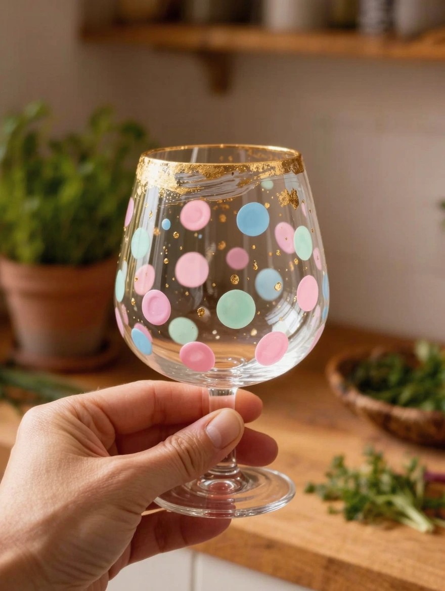 A hand holds a stemmed wine glass painted with pink, teal, and green polka dots plus gold flecks and a gold rim, on a wooden table near potted plants and herbs.