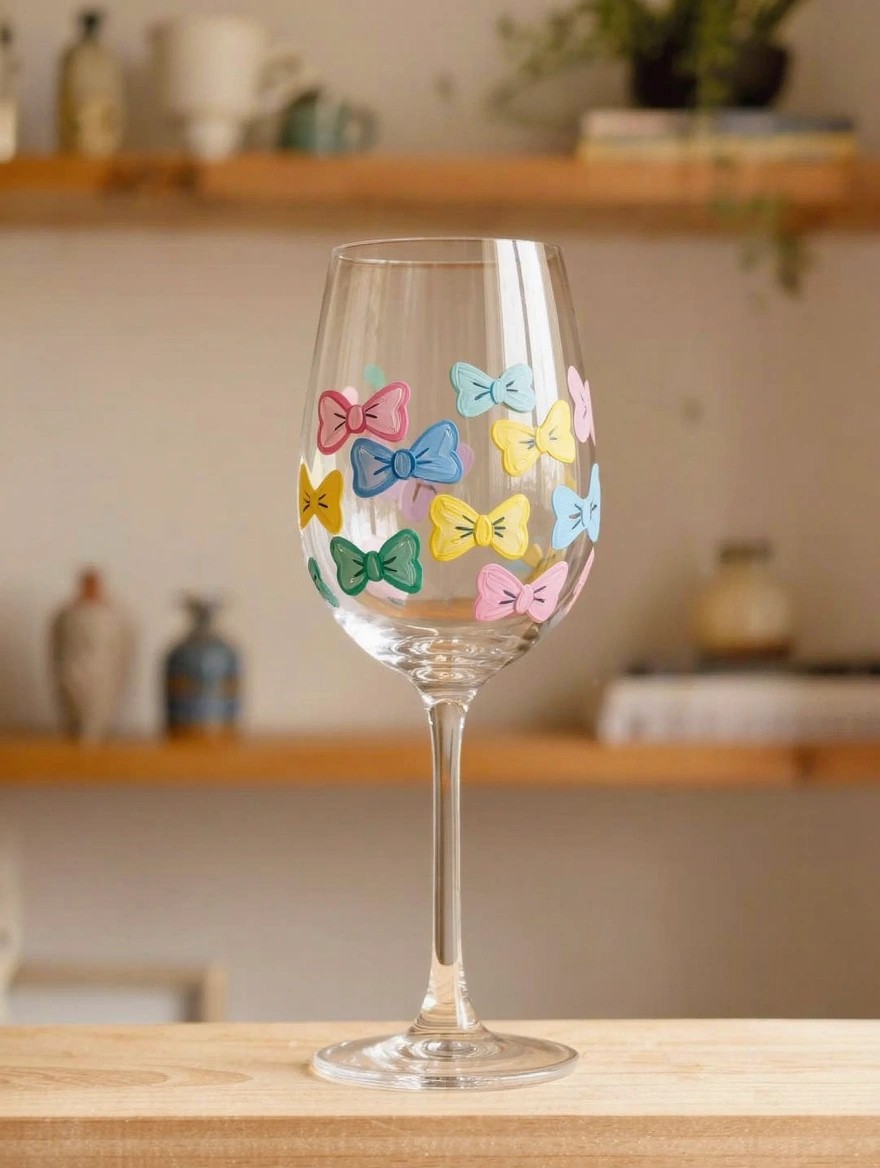 A stemmed wine glass with the bowl hand-painted in multiple small colorful bow designs sits on a wooden surface amid shelves of glassware and plants.