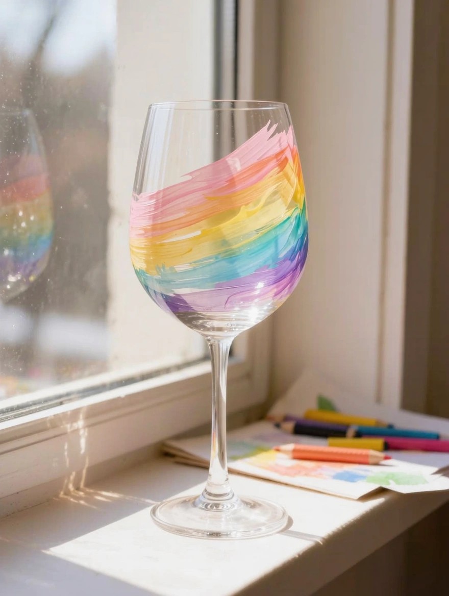 A clear stemmed wine glass with rainbow-colored brush strokes painted on the bowl sits on a windowsill next to colored pencils and paper.