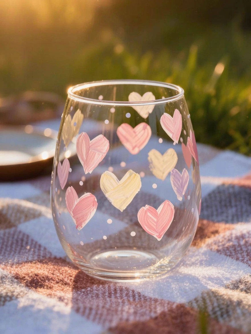 A clear stemless wine glass painted with scattered pink, yellow, and purple hearts with brush strokes and dots sits empty on a picnic blanket in golden sunlight.