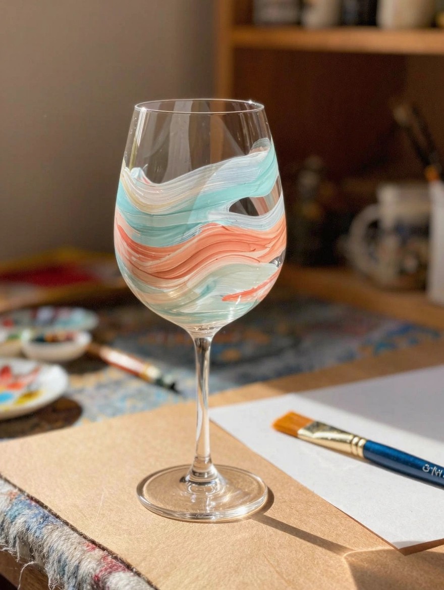 A clear stemmed wine glass with swirling teal, aqua, coral, and pink painted waves on the bowl sits on a craft table next to brushes, palettes, and paper.