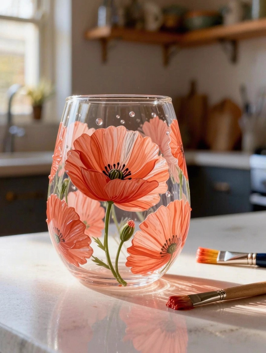 A clear stemless wine glass painted with orange poppy flowers, stems, buds, and dots sits on a white counter next to brushes with red paint.