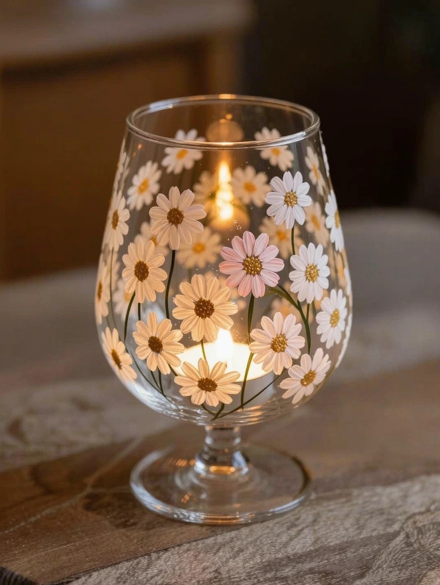 A clear stemmed wine glass painted with numerous small white and pinkish daisies and green stems holds a lit candle inside on a wooden surface.