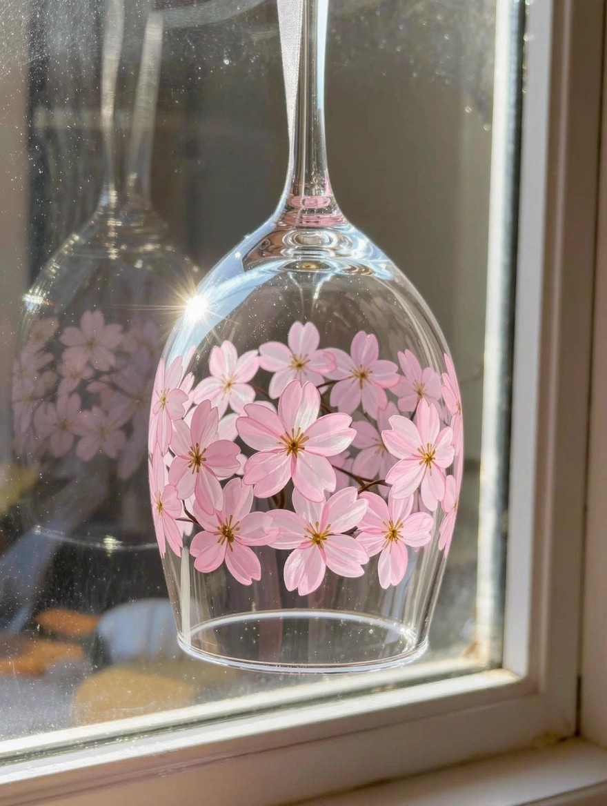 Clear wine glass with pink cherry blossom painting around the bowl, hanging by white ribbon in front of a window.