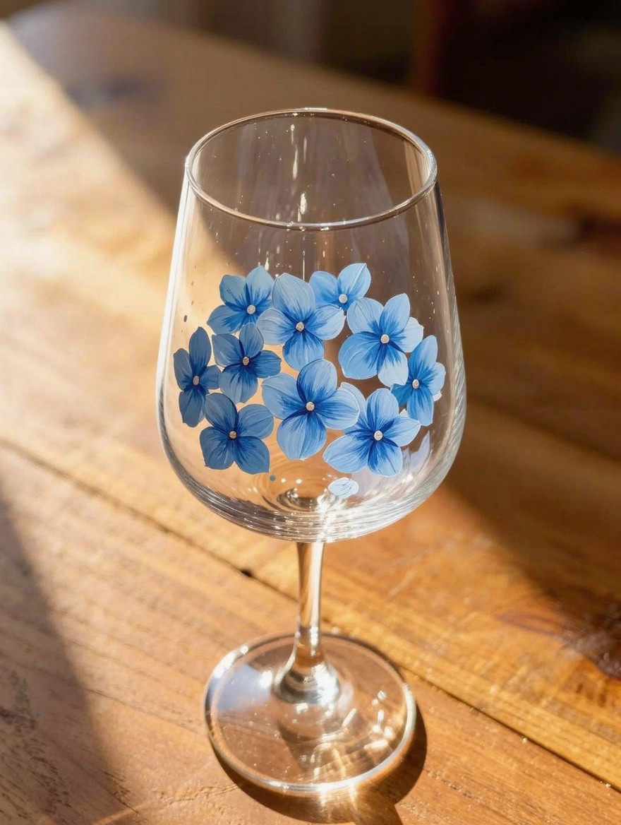 Clear stemmed wine glass with a cluster of blue hydrangea flowers painted on the bowl, sitting on a wooden table in sunlight.