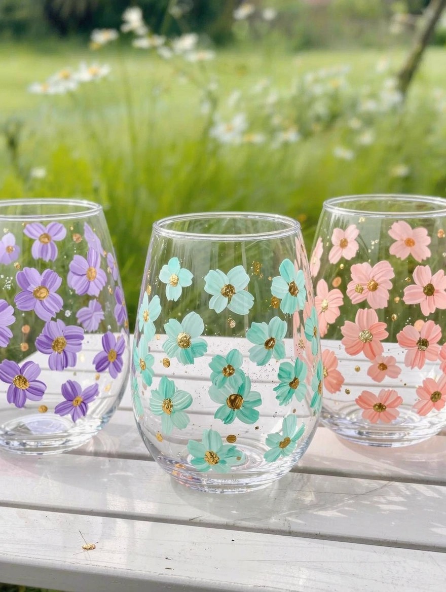 Three stemless wine glasses painted with small flowers in purple, teal, and pink plus gold accents, on a wooden table with garden background.