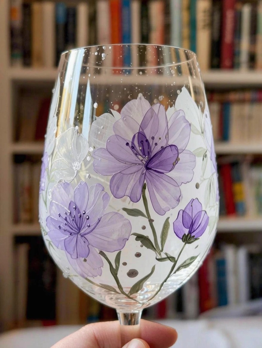 Clear stemmed wine glass painted with translucent purple and white watercolor-style flowers on the bowl, held in a hand against a bookshelf.