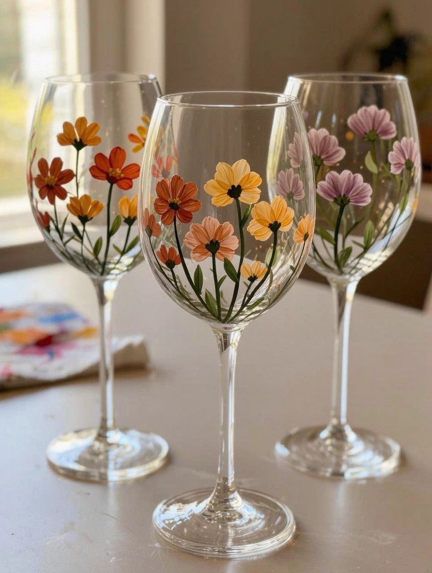 Three clear stemmed wine glasses hand-painted with small flowers in orange, yellow, peach, and purple shades plus green leaves, set on a table near a paint palette.