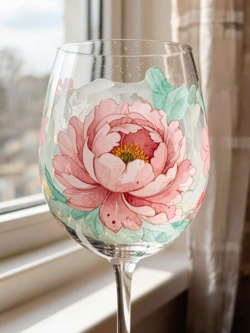 Clear stemmed wine glass with translucent pink peony flower and green leaves painted on the bowl, positioned by a window with beige curtains.