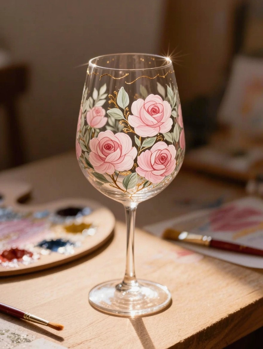 A clear stemmed wine glass hand-painted with pink roses, green leaves, and gold accents sits on a wooden table near a paint palette and brushes.