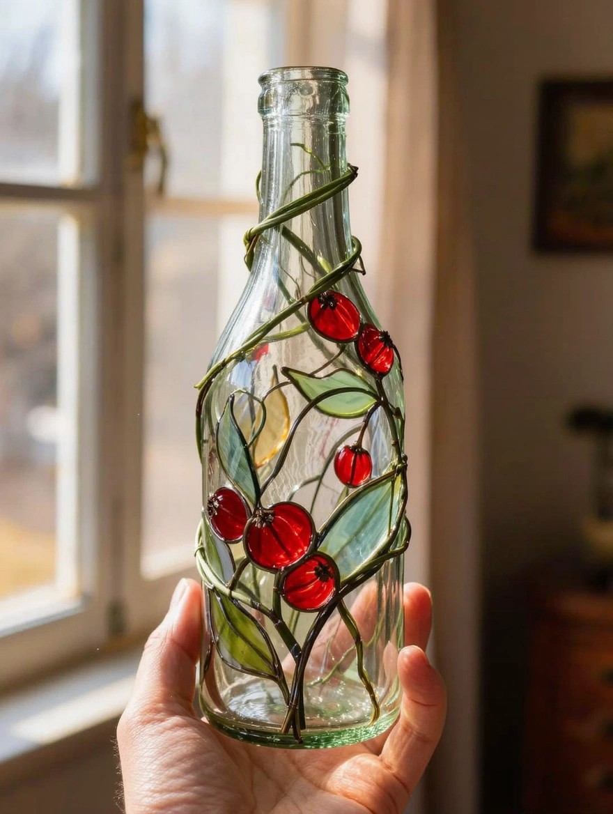 A hand holds a green glass bottle painted in stained glass style with red cherries, green leaves, yellow accents, and black-outlined twining vines.