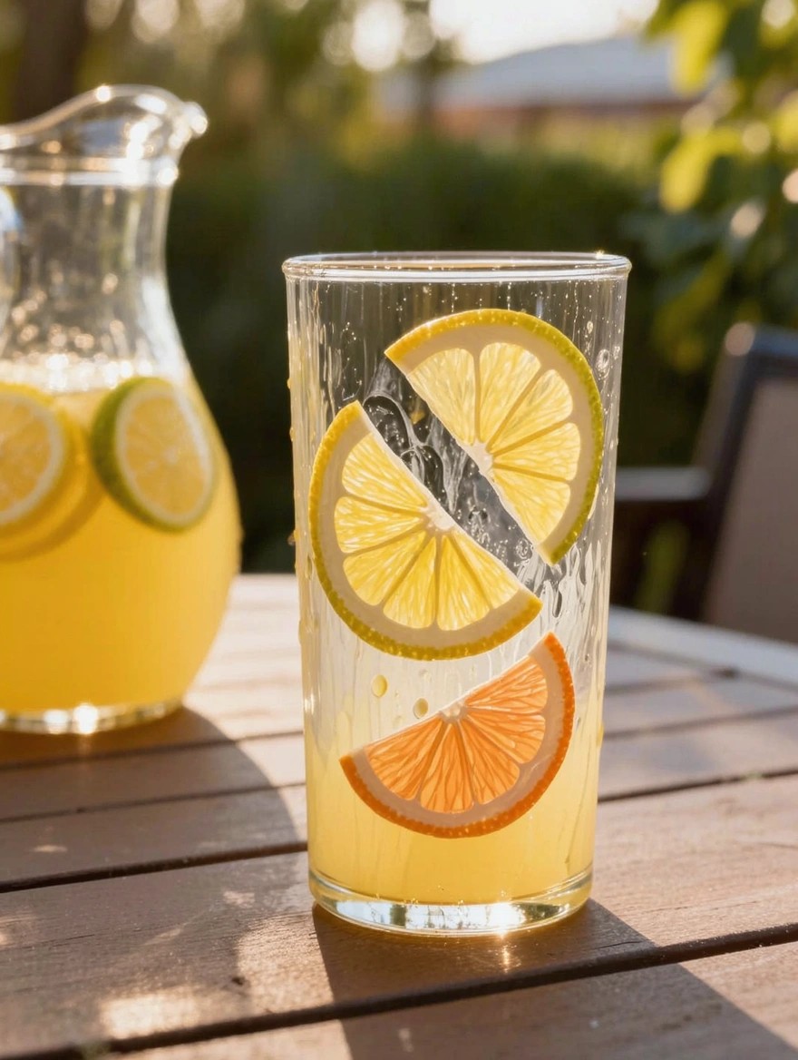 A glass pitcher of yellow lemonade with lemon slices stands next to a tall clear drinking glass filled with yellow liquid containing lemon and orange slices on an outdoor wooden table.