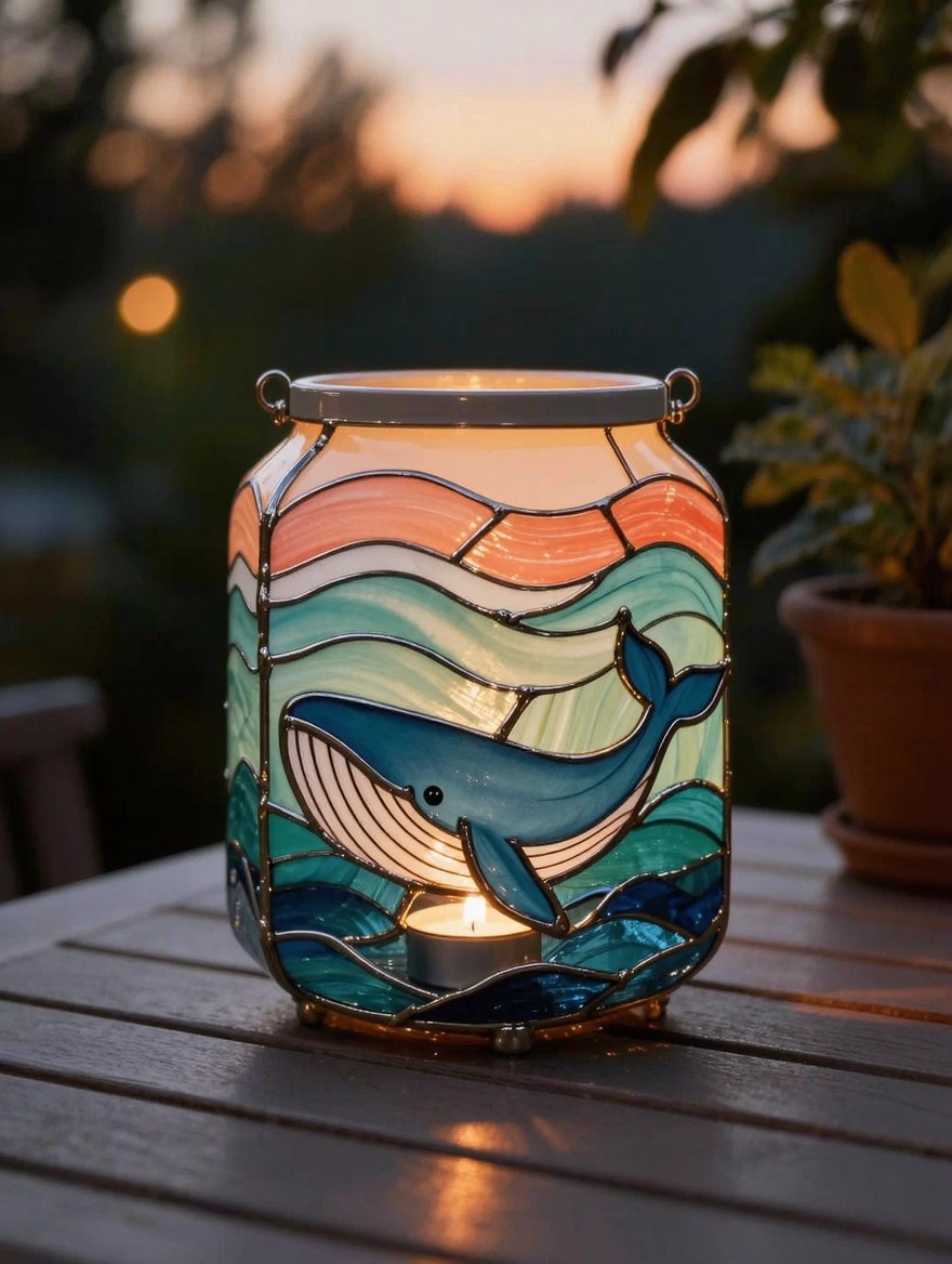 A lit tealight candle inside a stained glass-style painted glass jar lantern with a blue whale, ocean waves, and sunset colors, set on a wooden table outdoors with plants nearby.