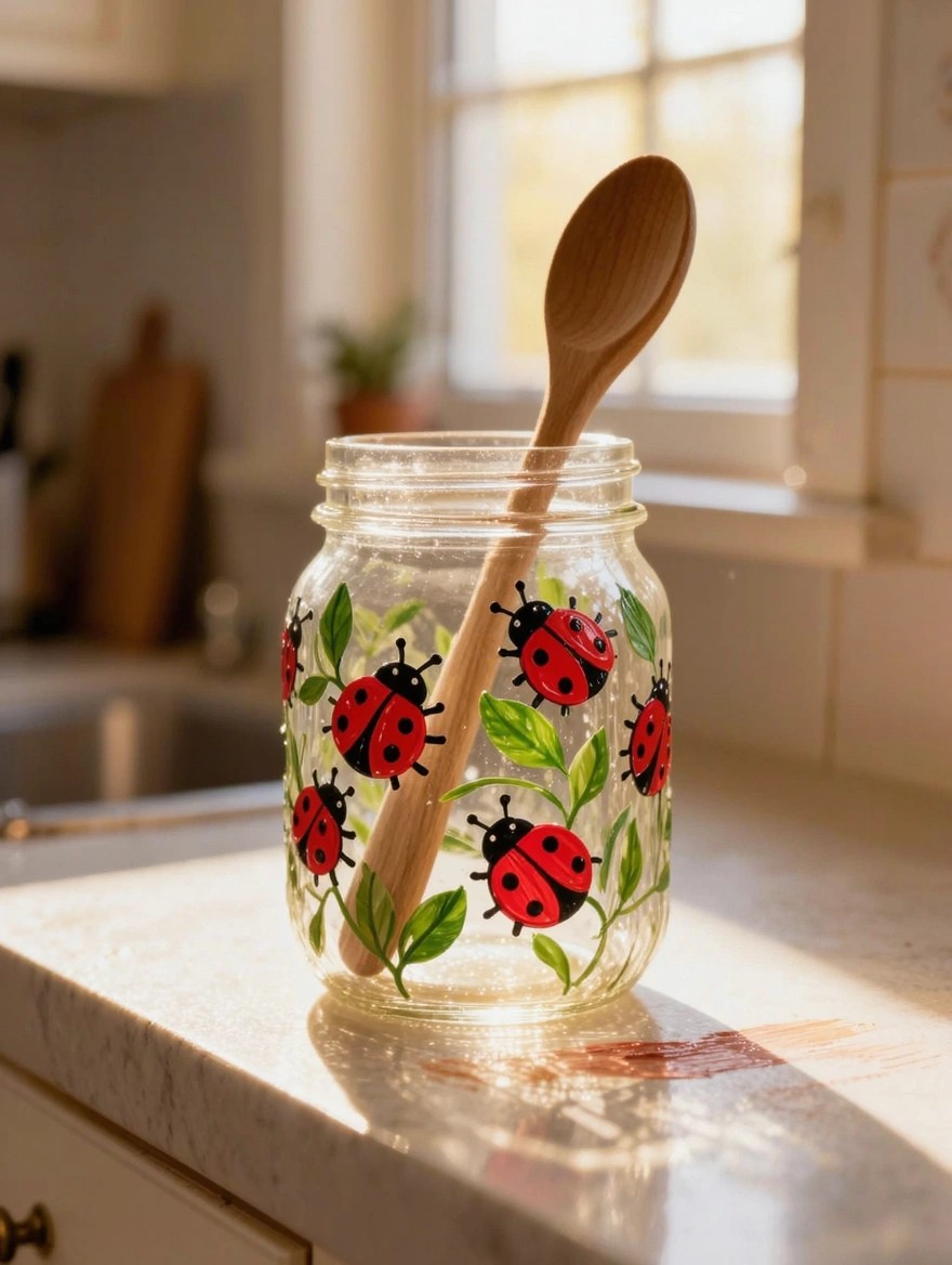 A clear glass mason jar painted with red ladybugs and green leaves on the outside holds a wooden spoon upright on a sunlit kitchen counter.