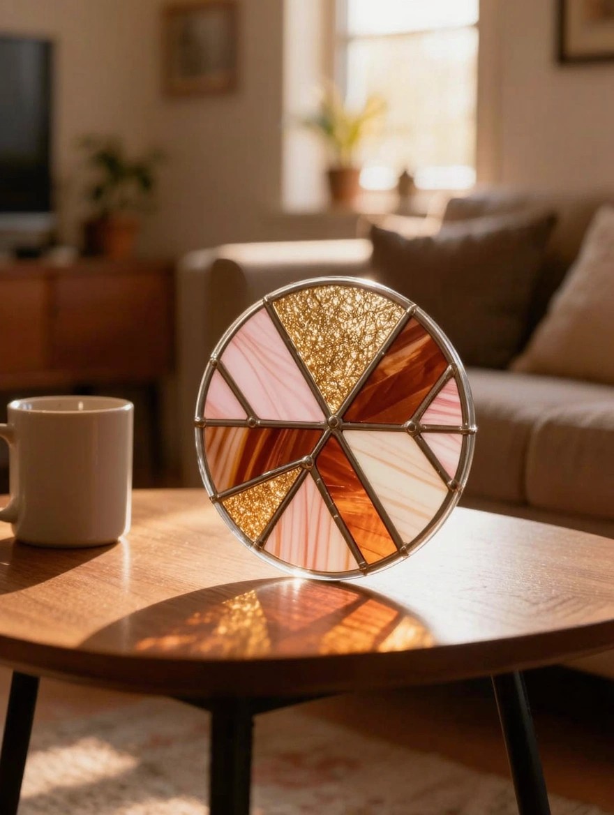 A round stained glass-style suncatcher with geometric pie segments in pink, gold glitter, brown, orange, and white sits on a wooden coffee table next to a white mug in a sunlit living room.