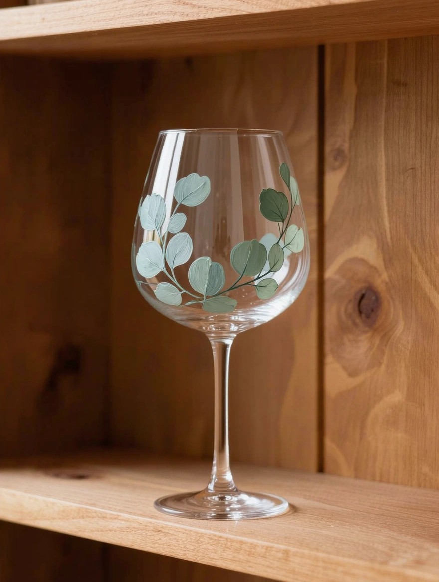 Clear wine glass with painted eucalyptus leaves in soft green on a wooden shelf.