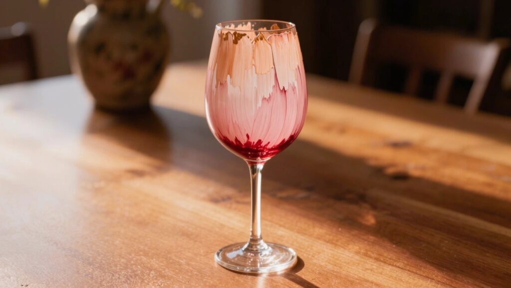18 Aesthetic Wine Glass Painting Ideas That Elevate Your Table Decor Clear stemmed wine glass with hand-painted white-to-pink-to-red ombre petal design on the bowl, on a wooden table in soft sunlight.