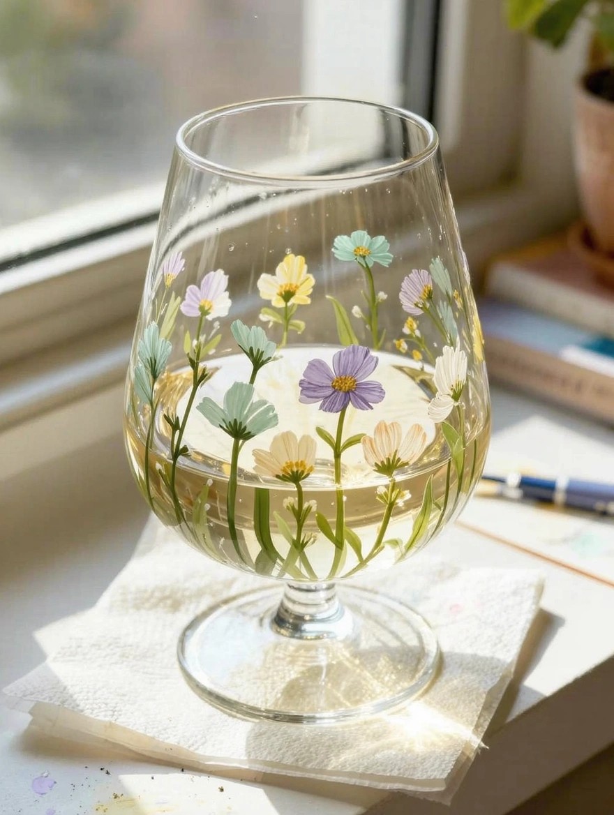 A large clear wine glass painted with pastel wildflowers and stems holds white wine and sits on a napkin by a sunny window.