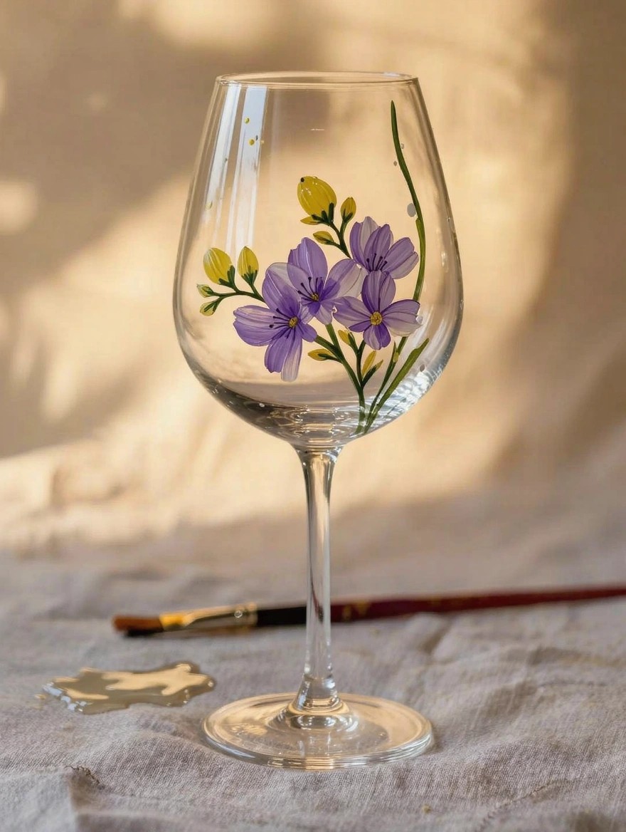 Clear stemmed wine glass with hand-painted purple flowers, yellow buds, and green stems on the bowl, paintbrush and palette nearby on beige fabric.