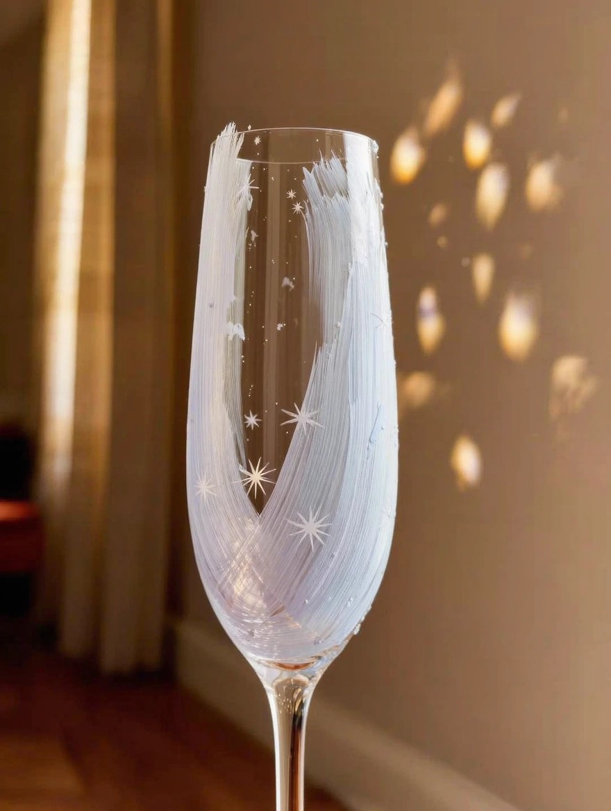 A tall clear wine glass painted with white stars and sweeping brush strokes sits on a wooden floor in front of beige curtains with warm sunlight creating glowing highlights.