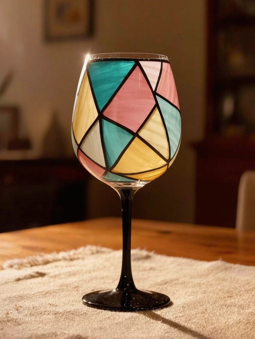A clear stemmed wine glass with its bowl painted in multicolored geometric triangles sits on a wooden table draped with cloth.