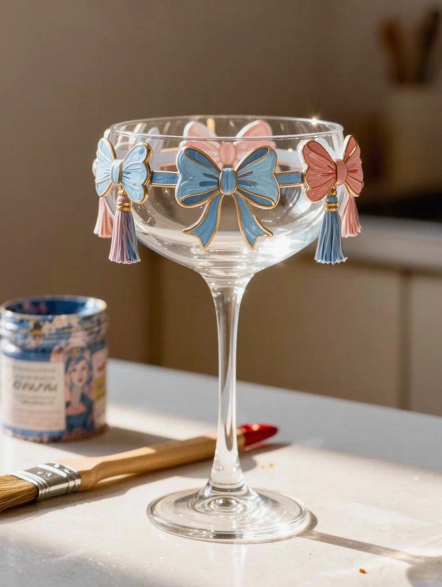 Clear martini glass with blue and pink painted bows and multicolored tassels around the rim, paint can and brush on a table nearby.