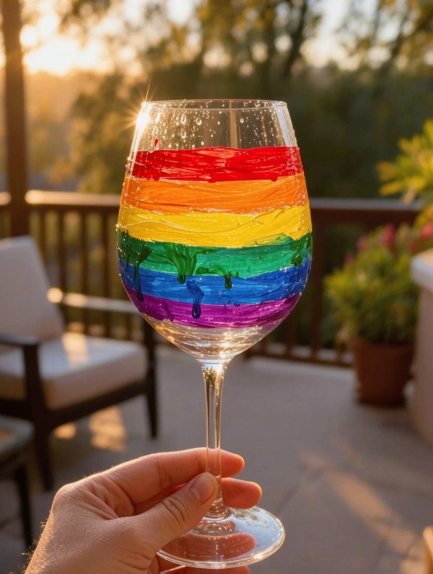 Clear wine glass with dripping rainbow pride flag stripes painted on the bowl, held by a hand on an outdoor deck at sunset.