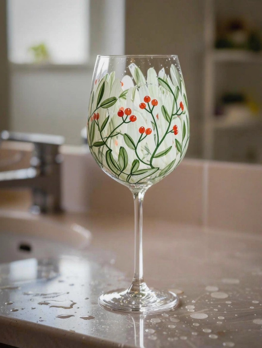 Clear stemmed wine glass hand-painted with green leaves, white accents, and red berry clusters sits on a wet stone counter near a sink.
