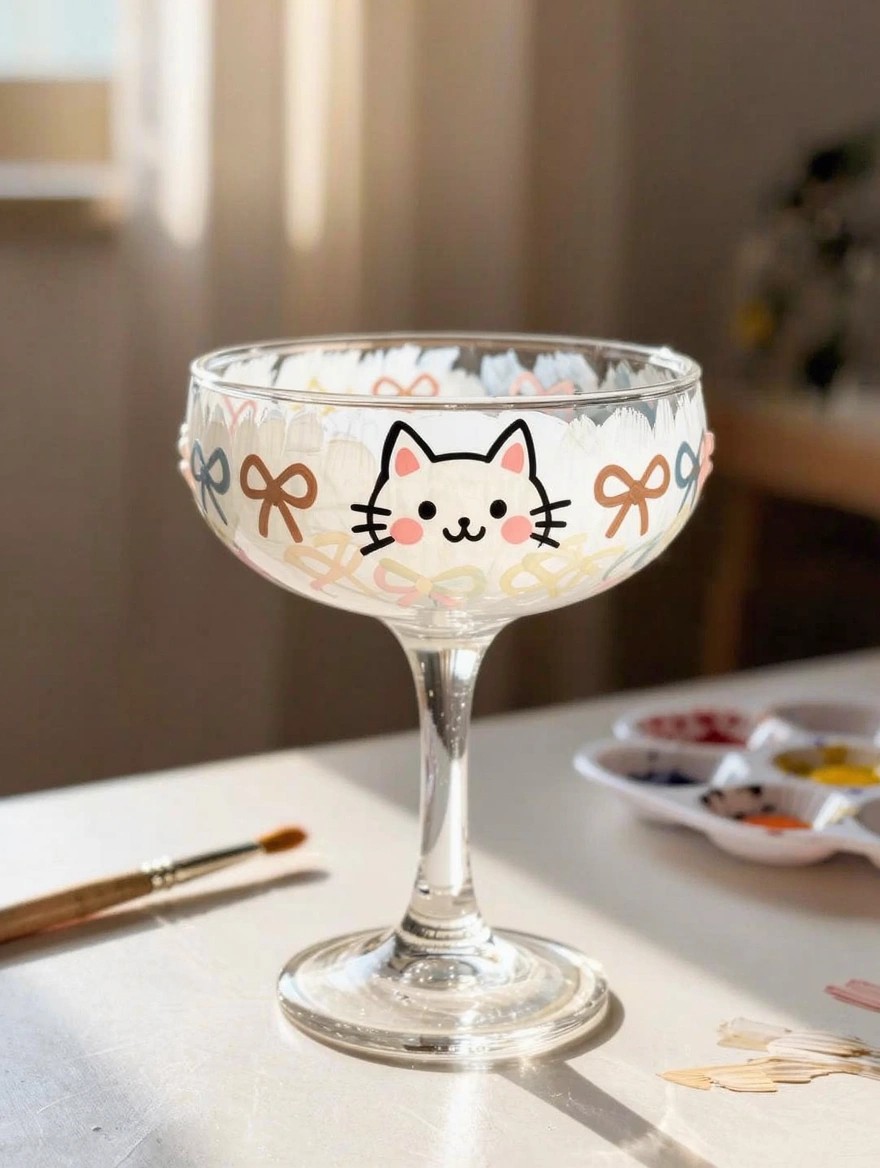A clear coupe wine glass painted with a white cat face, black outlines, pink cheeks, and colorful bows sits on a table next to a paint palette and brush.