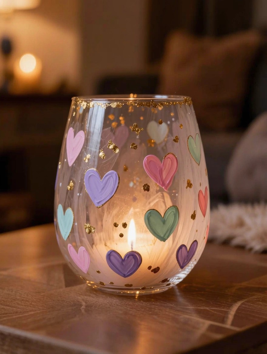 A stemmed wine glass painted with colorful hearts and gold flecks holds a lit candle on a wooden table.
