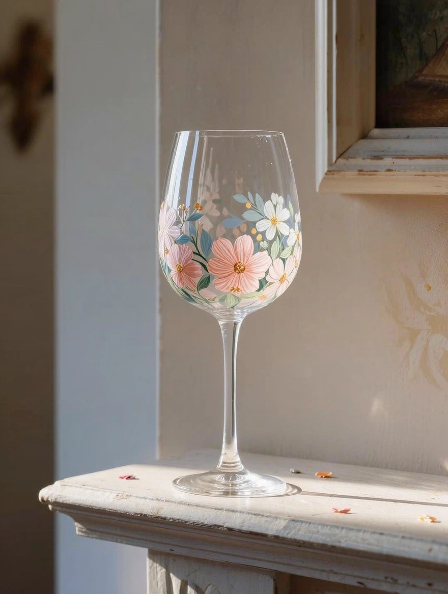 A clear stemmed wine glass with hand-painted pastel pink cosmos flowers, white daisies, blue leaves, and green accents sits on a white mantel shelf with tiny petals nearby.
